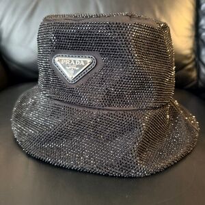 PRADA WOMEN'S BLACK CRYSTAL EMBELLISHED BUCKET HAT ONE SIZE EXCELLENT